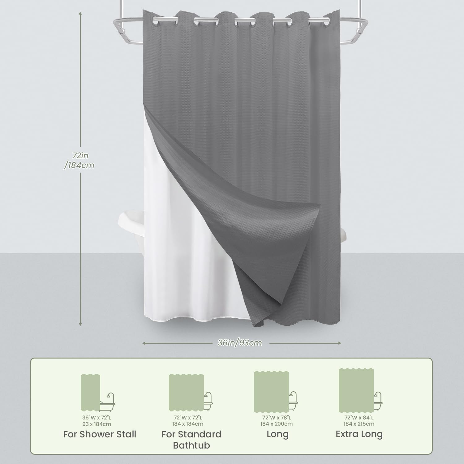 Inhousolu No Hook Waffle Weave Shower Curtain with Removable Snap in Fabric Liner Set for Bathroom, 230 GSM Heavy Duty Weighted Hem, Water Repellent Washable Bath Curtains, 36 x 72 Inch, Grey