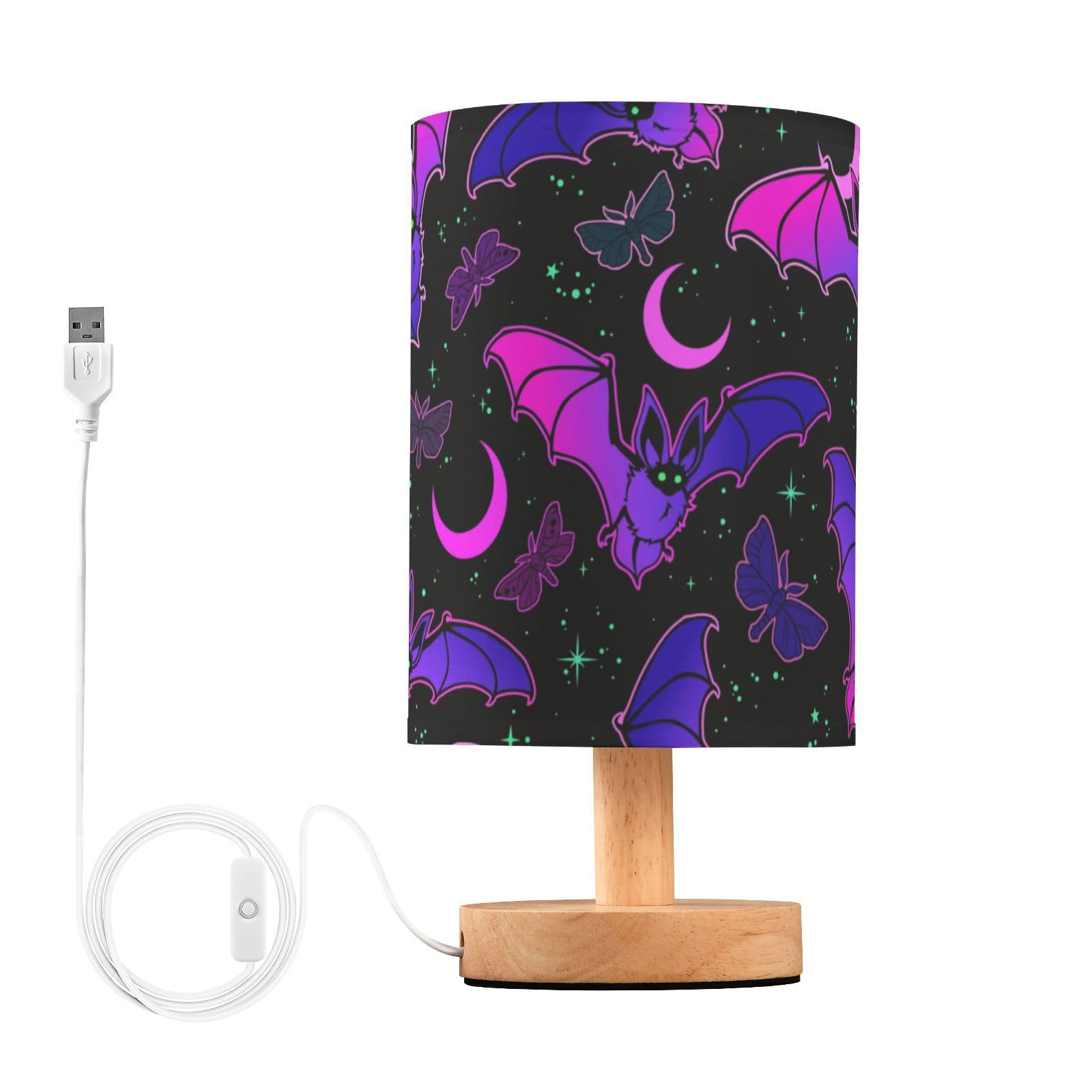 Mnsruu Table Lamp for Bedroom Living Room, Purple Bat Gothic Bedside Lamps with USB Charging Ports Nightstand Light Lamps