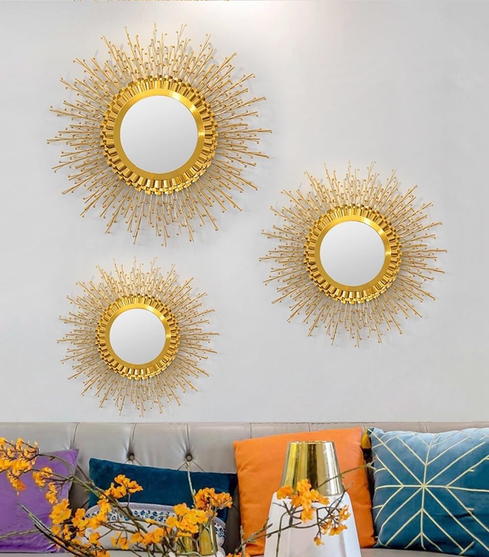 TaLcuS Round Decorative Antique Gold Metal Starburst Hanging Mirror, Boho Wall Art Decor Mirror for Entryway Bedroom Living Room (Color : B, Size : 27inch)