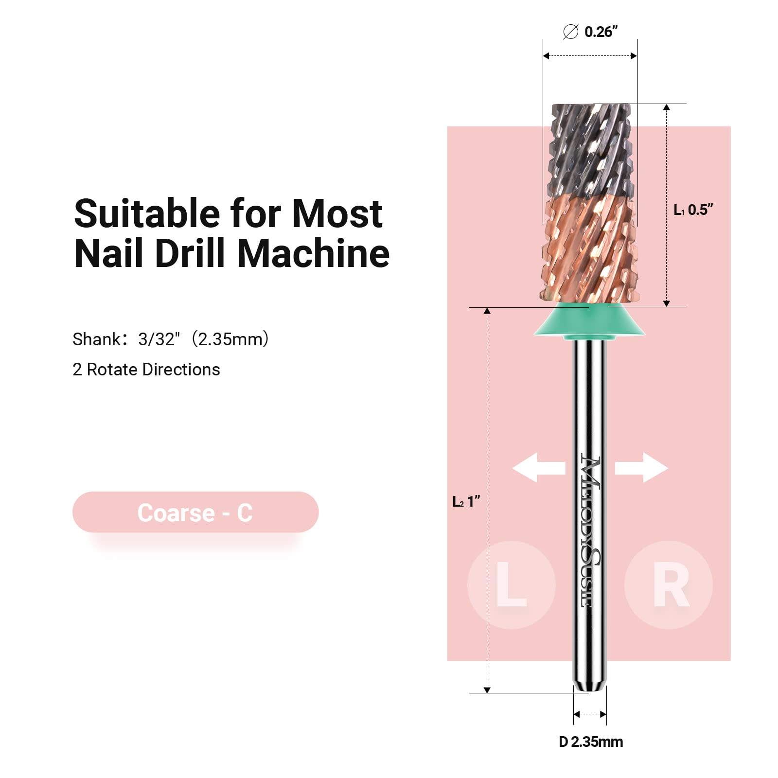 Brocas de barril cónico para uñas, brocas de tungsteno de carburo de 3/32 pulgadas, adecuadas para manicura, pedicura, cutícula, esmalte en gel, brocas de técnicos, plata y oro rosa, broca 5