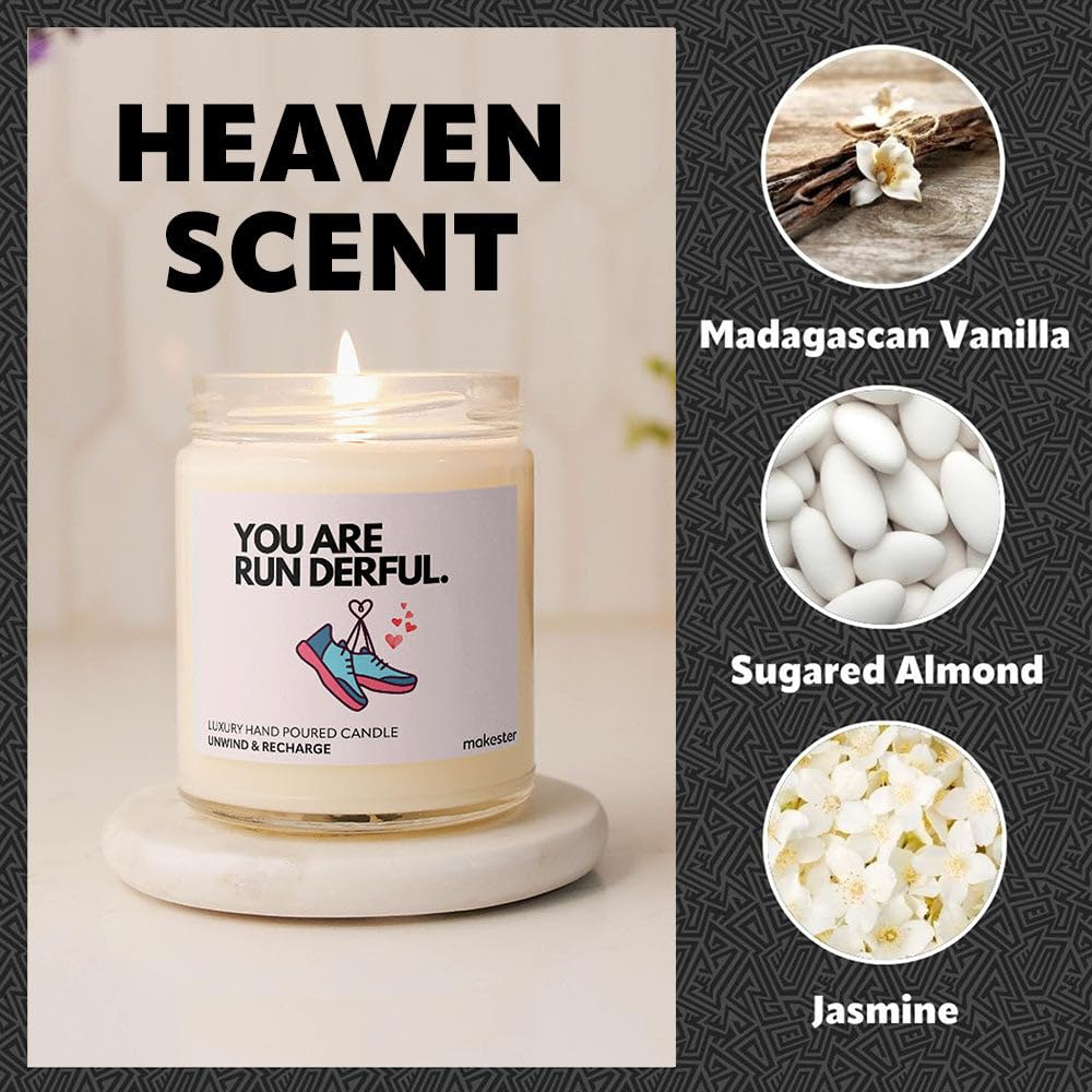 Gift for Running A Marathon - Luxury Soy Wax Candle - Vanilla, Jasmine, Sugared Almond - Makester, White, 220g - Image 4