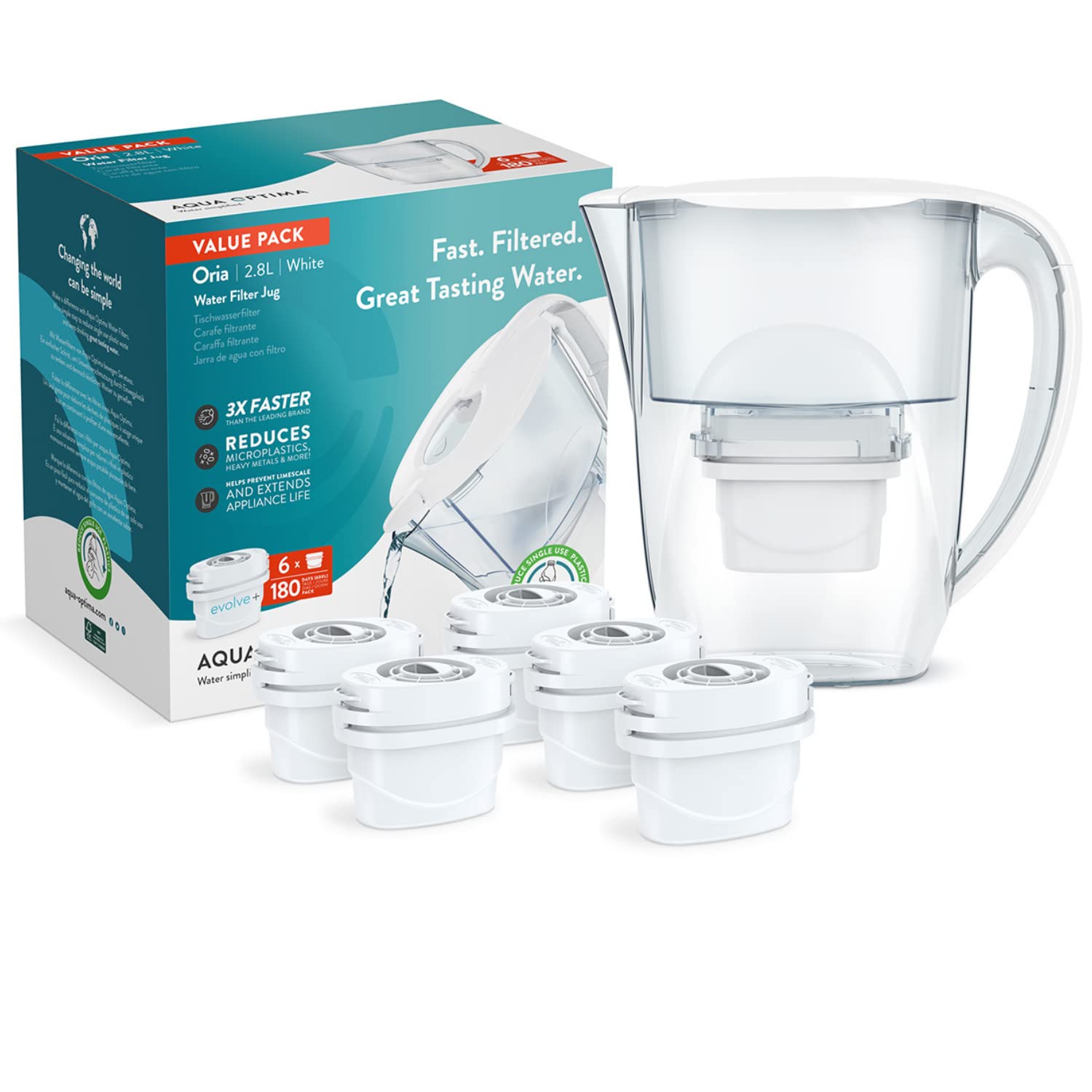 Aqua Optima Oria Water Filter Jug & 6 x 30 Day Evolve+