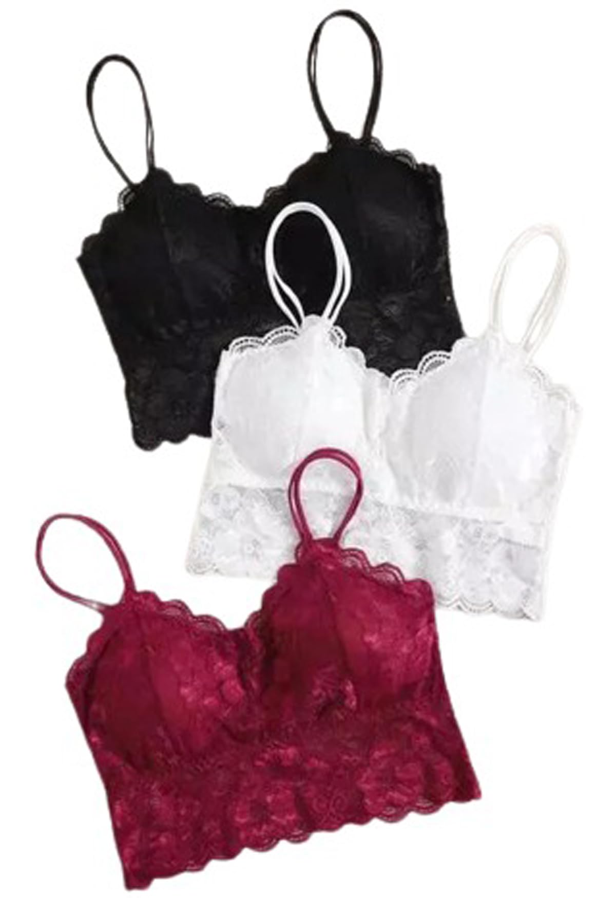 KAMINIWomen's Lace Underwired Bra, 3 Pack Embroidered Lace Bralettes in Black, White, Red