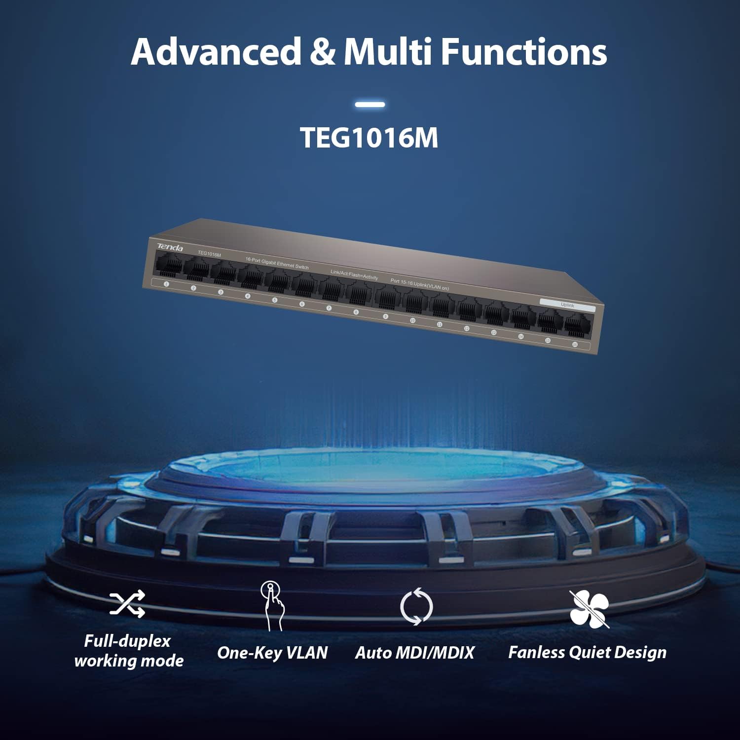 Tenda TEG1016M, 16 Port Gigabit Ethernet Switch, Unmanaged Network Switch Hub, Traffic Optimization, Plug & Play, Fan-Less Metal Design, Limited Lifetime Protection : Electronics