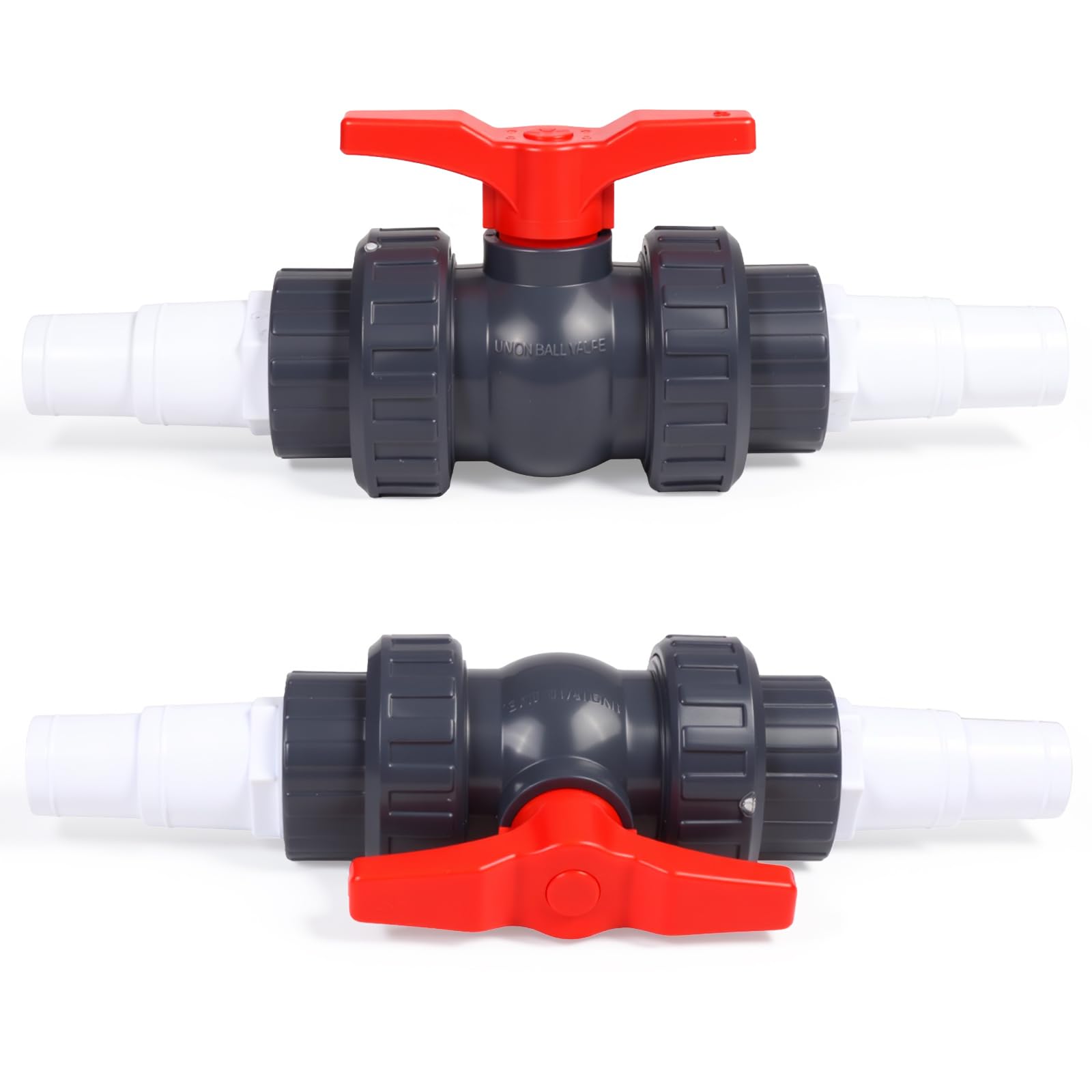 Válvula de bola con conector de manguera de PVC, válvula de cierre para piscina, incluye 1 válvula de cierre de 1 1/2" (50 mm), 2 boquillas de manguera de 32-38 mm, conector de manguera de