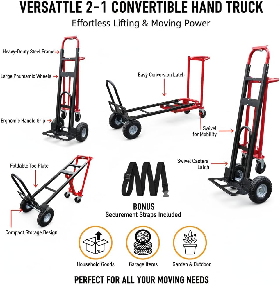 Suzhi Convertible Hand Truck Dolly Cart Heavy Duty/with 4 Wheels,Industrial Grade,1000 Lbs Load, 2 Straps for Moving Furniture/Appliance/Carton/Warehouse/Office / 10 Minutes' Install as Video