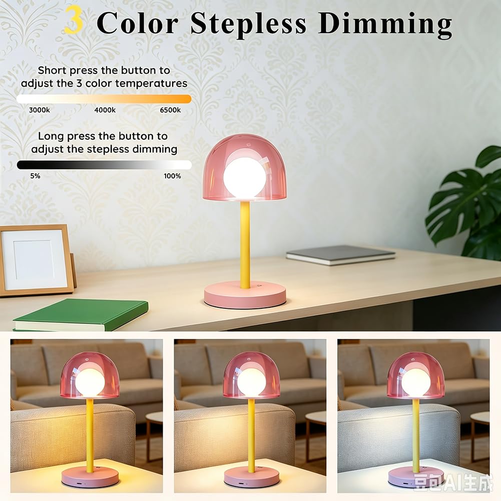 Lampada da Tavolo LED a Forma di Fungo Senza Fili Ricaricabile tramite USB Luce da Tavolo Rosa Batteria Ricaricabile Regolabile Lampada a Fungo a Batteria 3000K-6000K Metallo + Acrilico