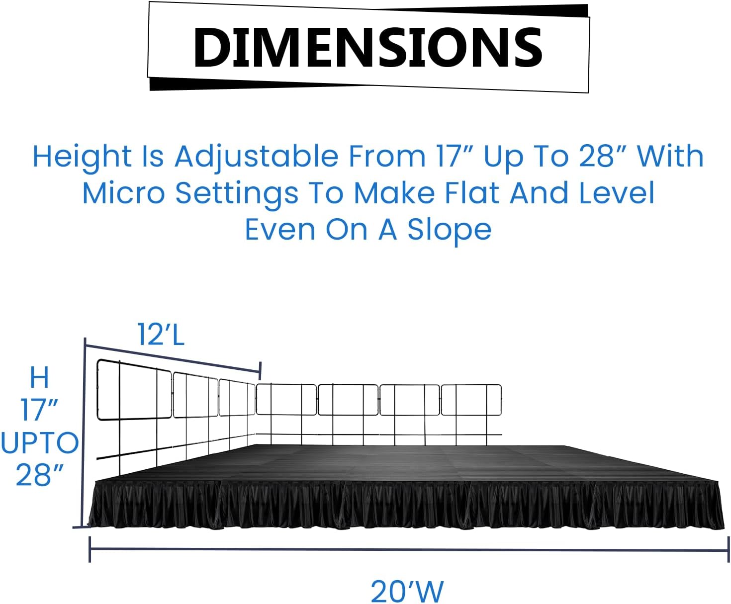 12'x20' Portable Stage Platform with 15 MyStage, 7 Railings & 6 Skirts - Performance Floor Versatile Platform Modular System Stage - DJ, Drum, Camera Stage Riser - Easy to Carry & Transport