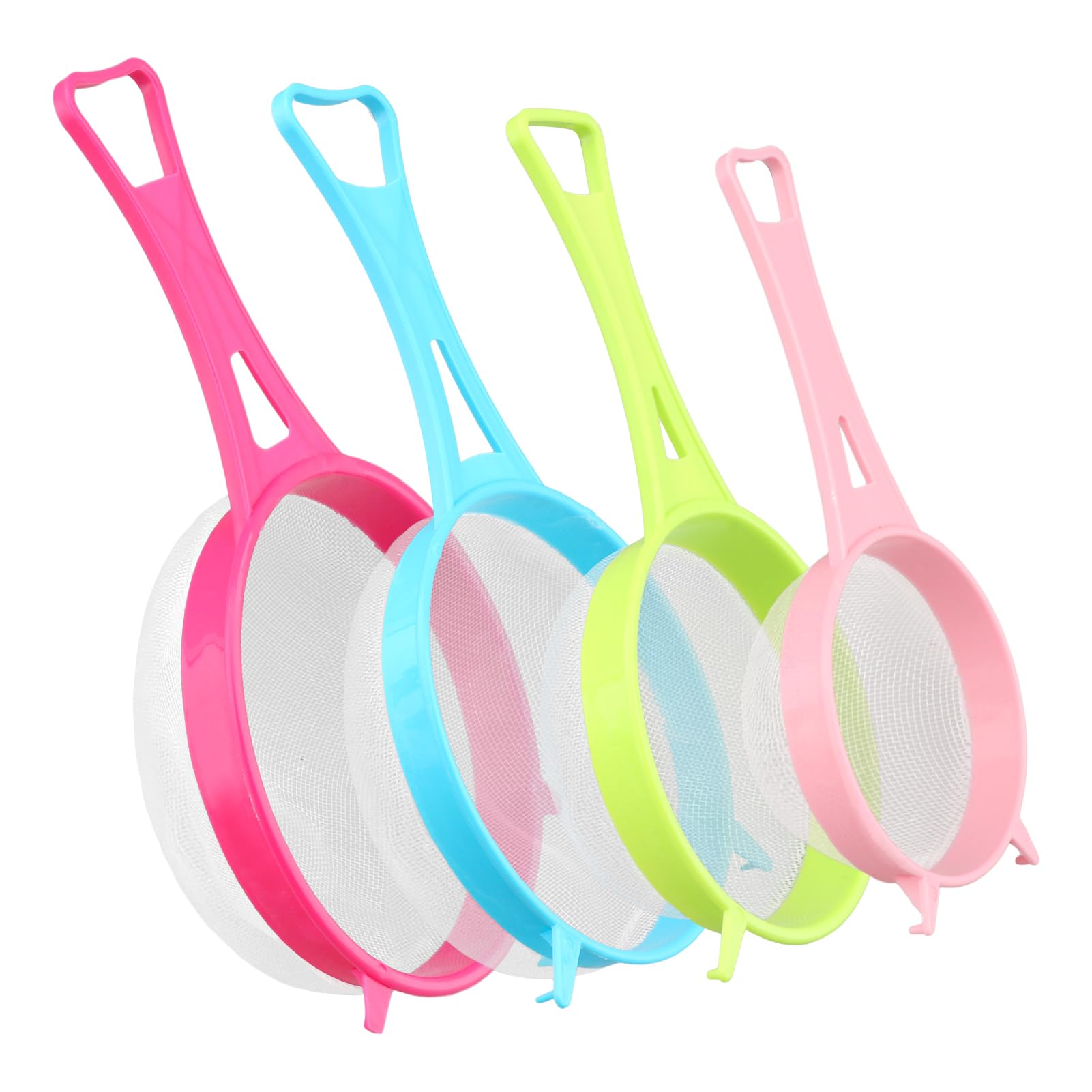 Ragyzity 4Pcs Plastic Mesh Strainer Colander Set, Kitchen Plastic Flour Colander Set, Food Soy Milk Flour Sieve Long Handle Icing Sugar Sifters Fine Strainer with Non Slip Handles (4 Size)