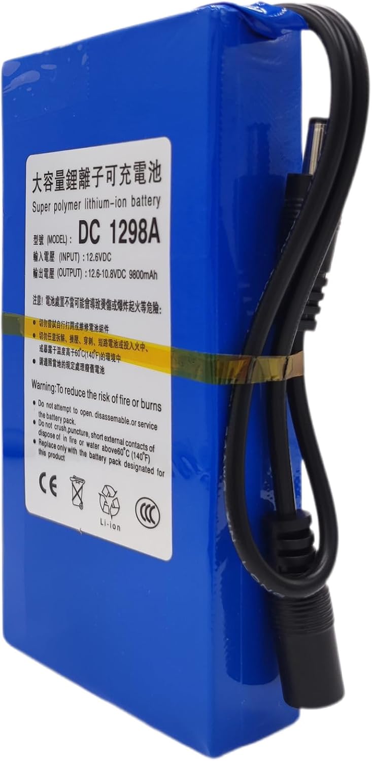 12V 9800mAh DC 1298A Super Rechargeable Protable Li-ion Battery Pack DC1298A 2A for DVDs CCTV MP4 Players,Led Light Strip,Camera with Charger, Blue (12 Volt, 9.8 Ah, Rechargeable)