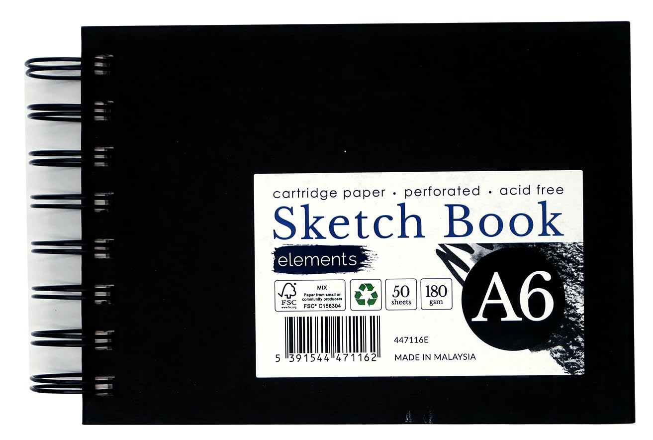 Elements A6 Wire-O Sketch Book | 50 Sheets (100 Sides) | 180 GSM Acid-Free Paper | Perforated Pages Ideal for Mixed Media Art (Black Cover)