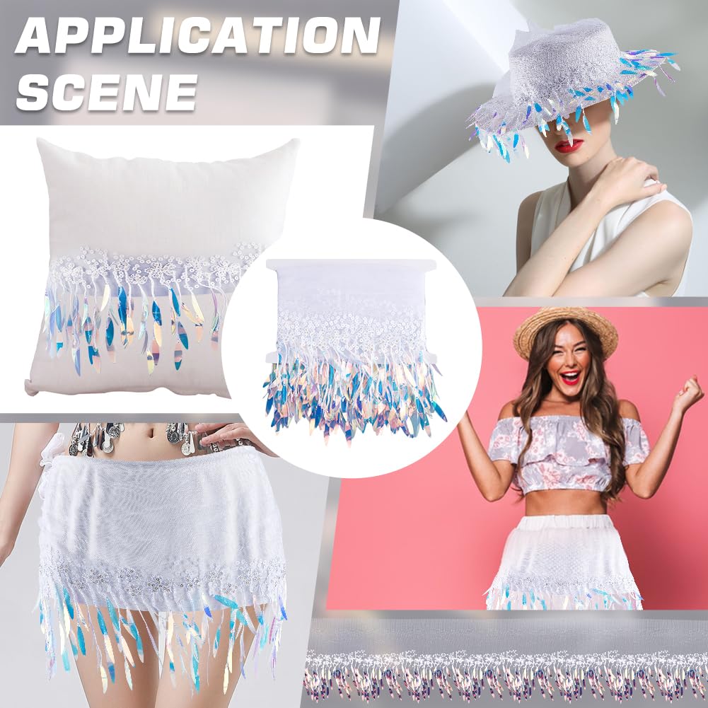 GORGECRAFT 1.8mX29cm Paillettes Dentelle Bordure Polyester Blanc Gland Frange Bling Perles Métallisé Boucle Paillettes Ruban Brodé Tissu Maille Flèche Garnitures Pour Couture Vêtements Robe Artisanat
