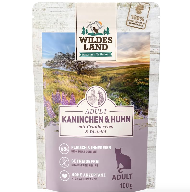 Wildes Land Nassfutter für Katzen, Kaninchen und Huhn mit Blaubeeren, 12 x 100 g