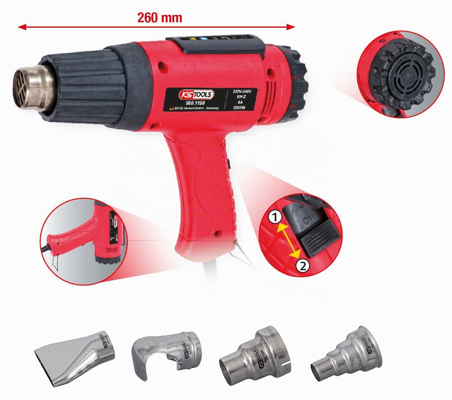 KS TOOLS 960.1190 - Décapeur Thermique 2000W - Pistolet Thermique à Air Chaud - 2 Positions - Réglage de Température par Molette sur 6 Plages entre 50° à 650° - 4 Buses - Couleur Rouge