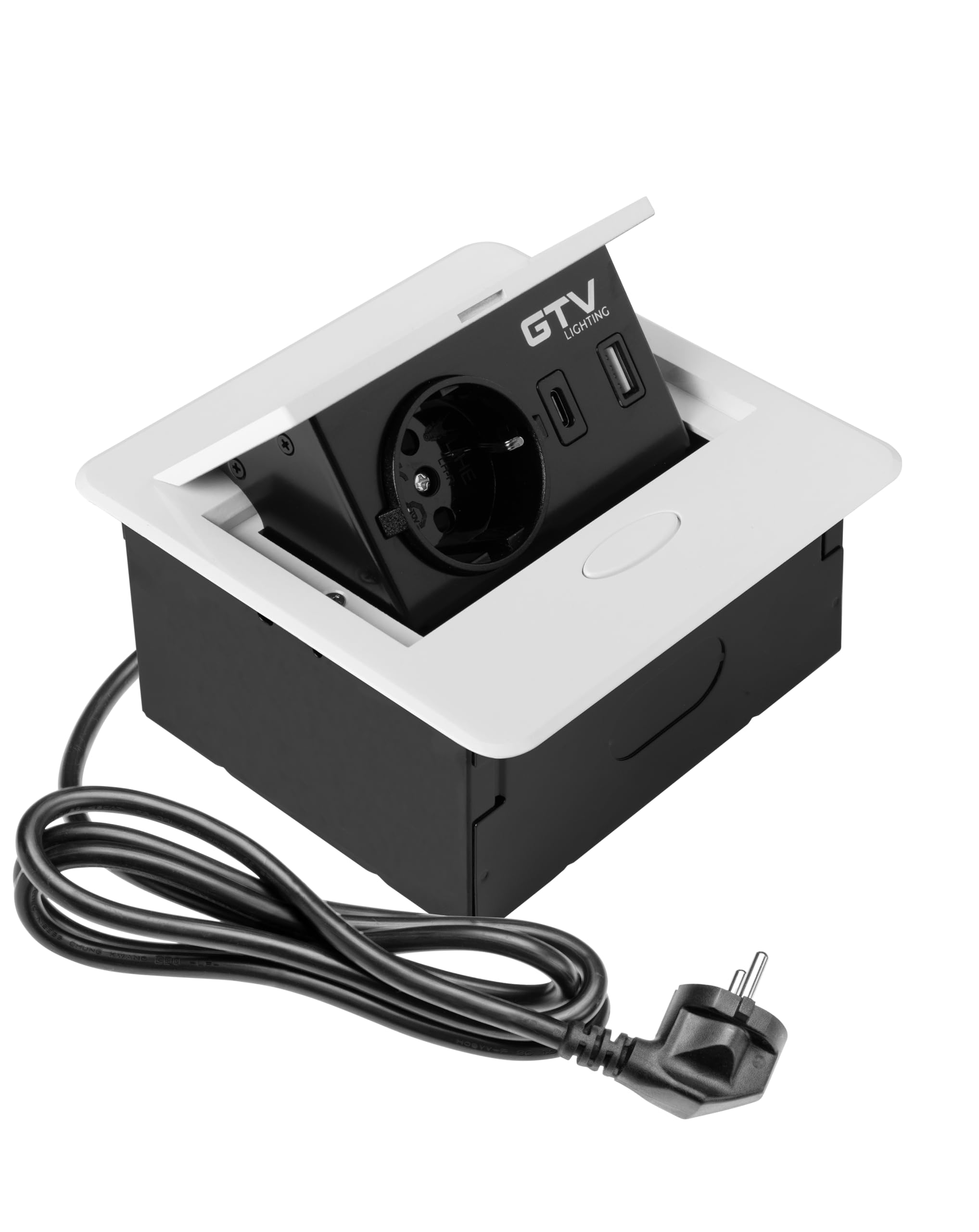 GTV - Gniazdo meblowe AVARO, 1 x gniazdko Schuko, USB A+C, długość kabla 1,5 m, kolor biały, do biur, blatu stołu, kuchni i biura | kompaktowe wymiary