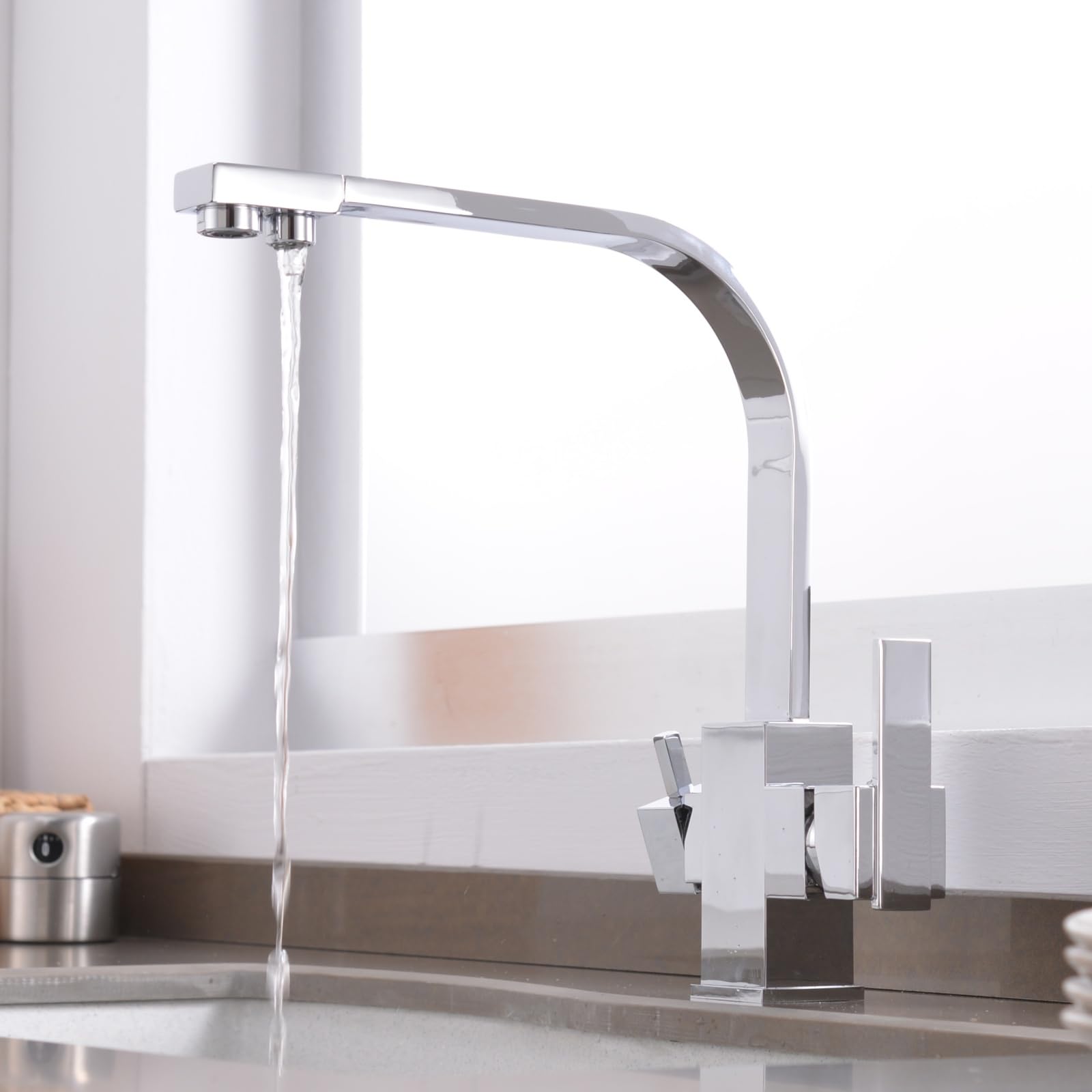Grifo de cocina cromado giratorio de 360° con sistema de ósmosis de doble salida para agua potable, grifo mezclador de alta calidad para fregadero, diseño moderno, fácil instalación