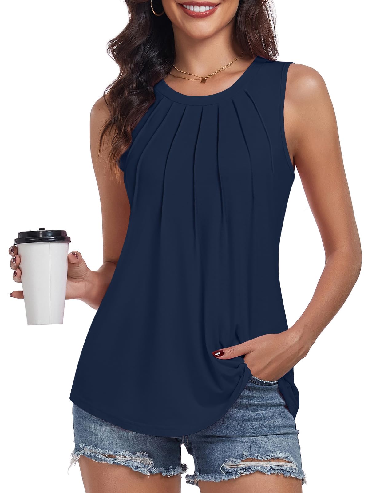 Anyhold Women's Summer Sleeveless Tops Casual Dressy Shirts Fashion Pleated Business Blouses Tunic Top