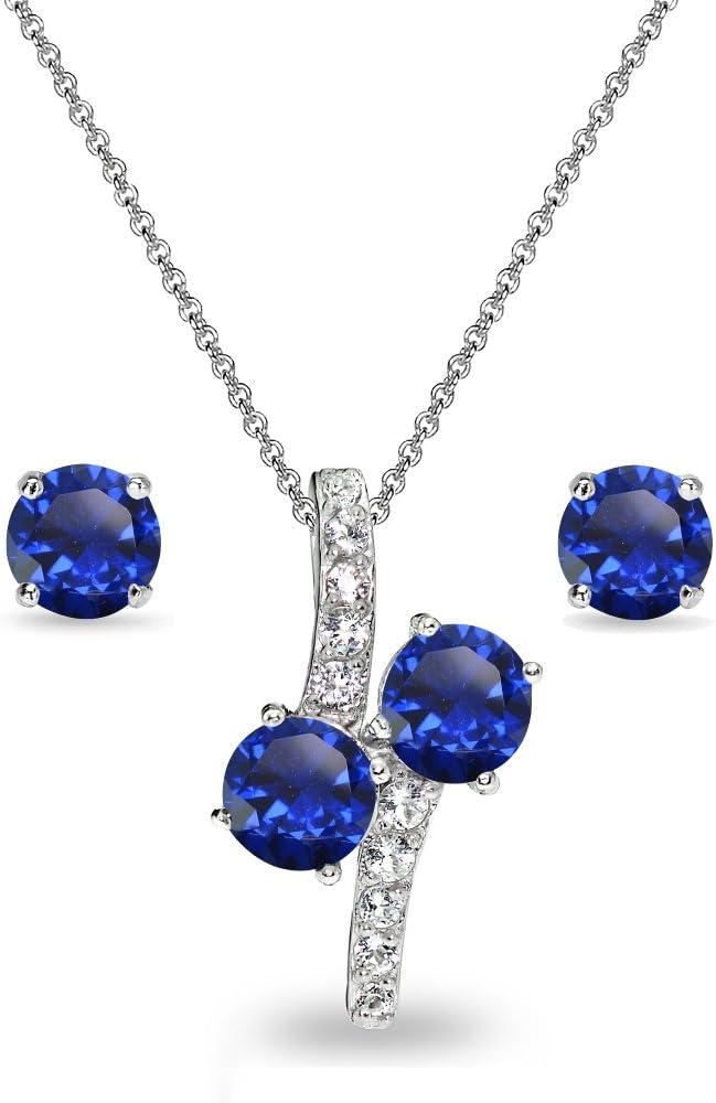 Sterling Silver Genuine, Created, or Simulated Gemstone Round Stud Earrings & Friendhip Necklace Set