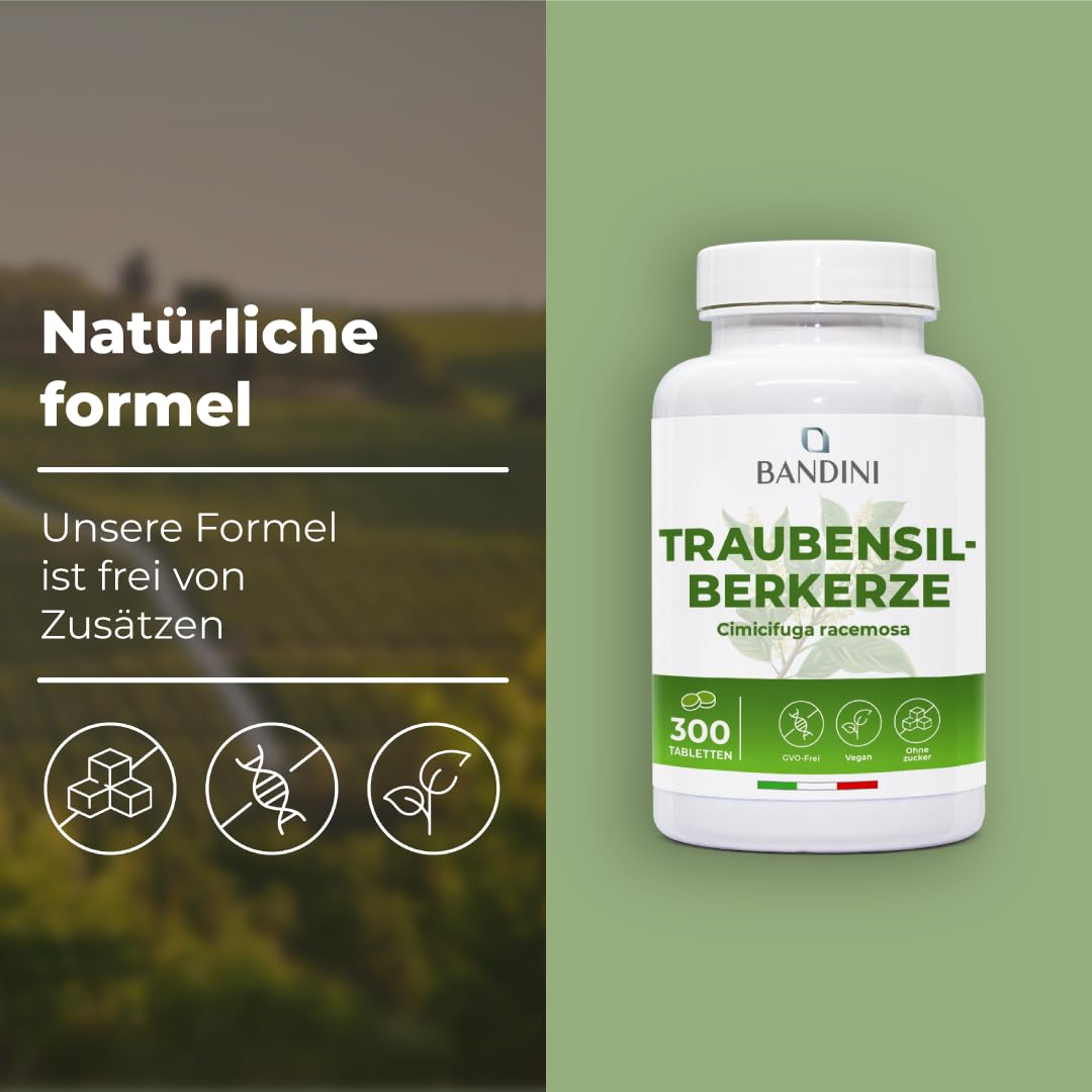 Bandini® Traubensilberkerze 300 Tabletten | Cimicifuga racemosa oder Actaea racemosa Hochdosiert mit 300mg pro Tagesdosis | Trauben-Silberkerze Extrakt | Black Cohosh | Natürlich und Vegan Supplement