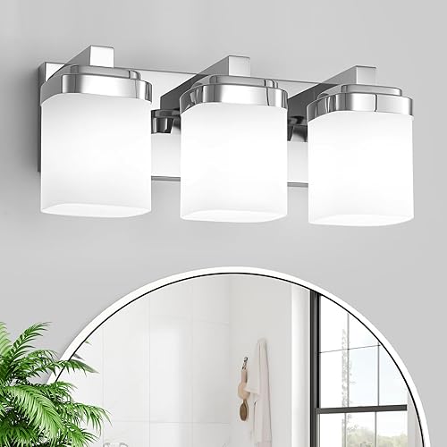 3 luces de tocador, accesorios de baño cromados E26 con pantalla de vidrio cuadrado blanco lechoso, apliques de pared modernos sobre espejo,