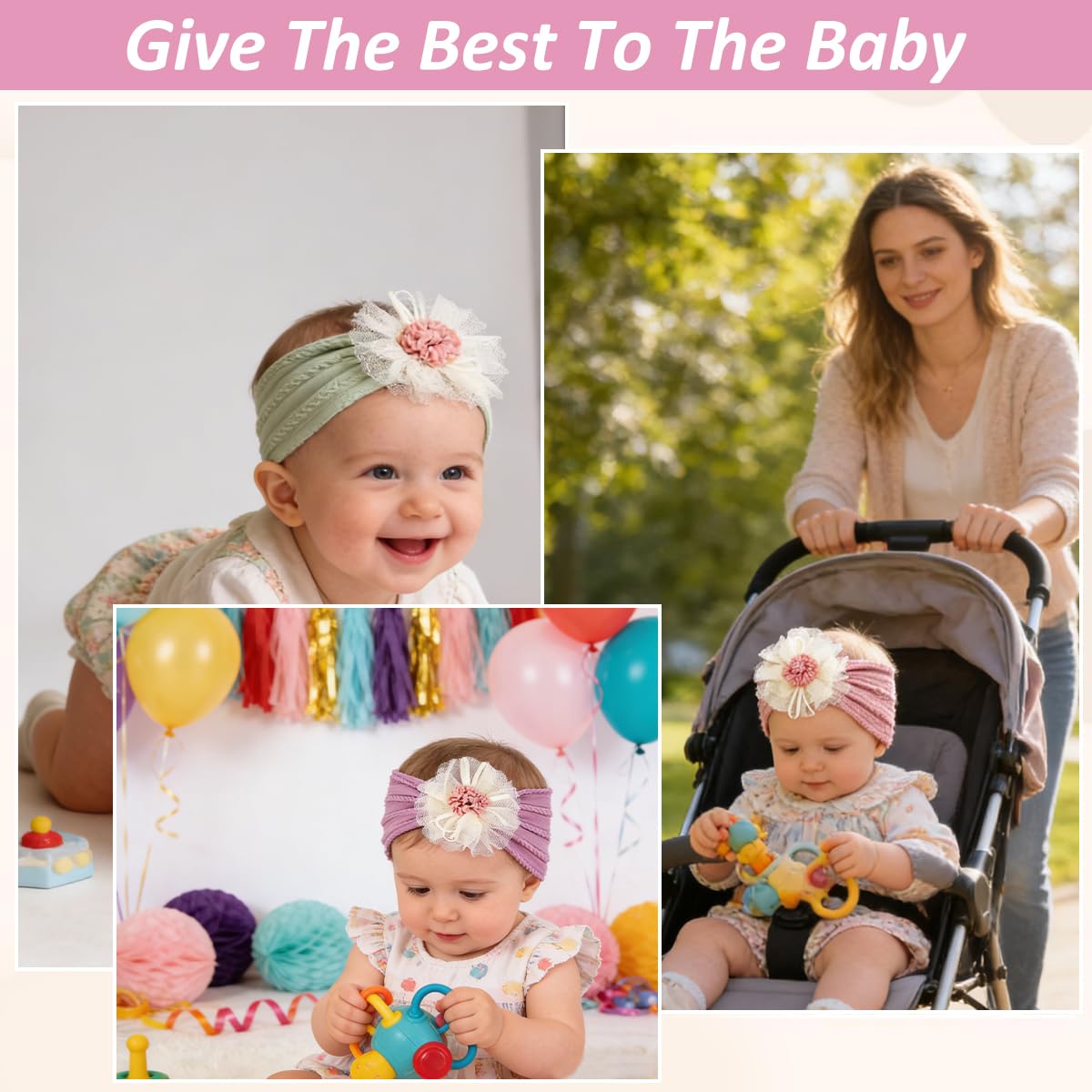 SNOWIE SOFT 3Pcs Baby Girl Hair Bands 0-24M, 3-Color Nylon Stretchy 3