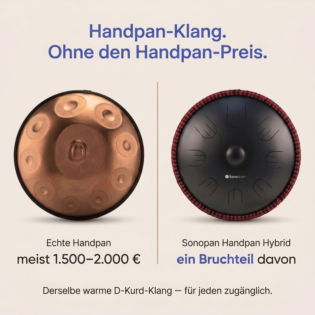 "Handpan Hybrid" - Zungentrommel/Steel Tongue Drum in D-Kurd - die handgefertigte Handpan-Alternative, 35,5 cm, 9 Töne, Schwarz - inkl. Tasche, Schlägel & Liederbuch