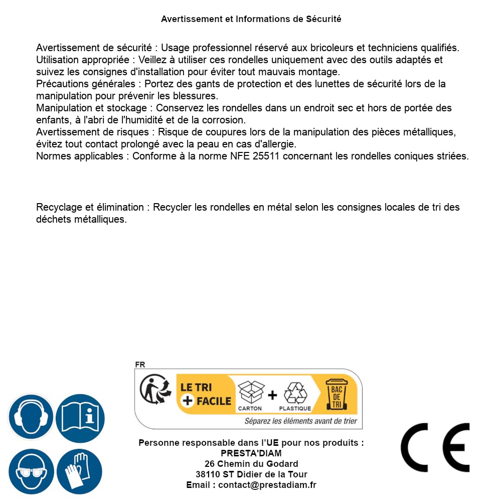 D-Work - Arandelas cónicas estriadas serie ancha 8 mm - NFE 25511 - Acero inoxidable A4