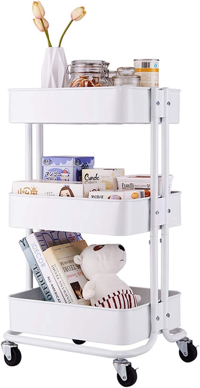 3-Tier Home Kitchen Storage Utility cart-White Utility Storage Organizer Shelf Rack for Kitchen Living Room Bathroom MITPATY
