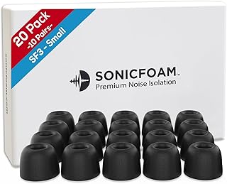 SONICFOAM Memory Foam Earbud Tips - Premium Noise Isolation, Replacement Foam Earphone Tips, 20 Pack for in Ear Headphone Earbuds (SF3 Small, Black)