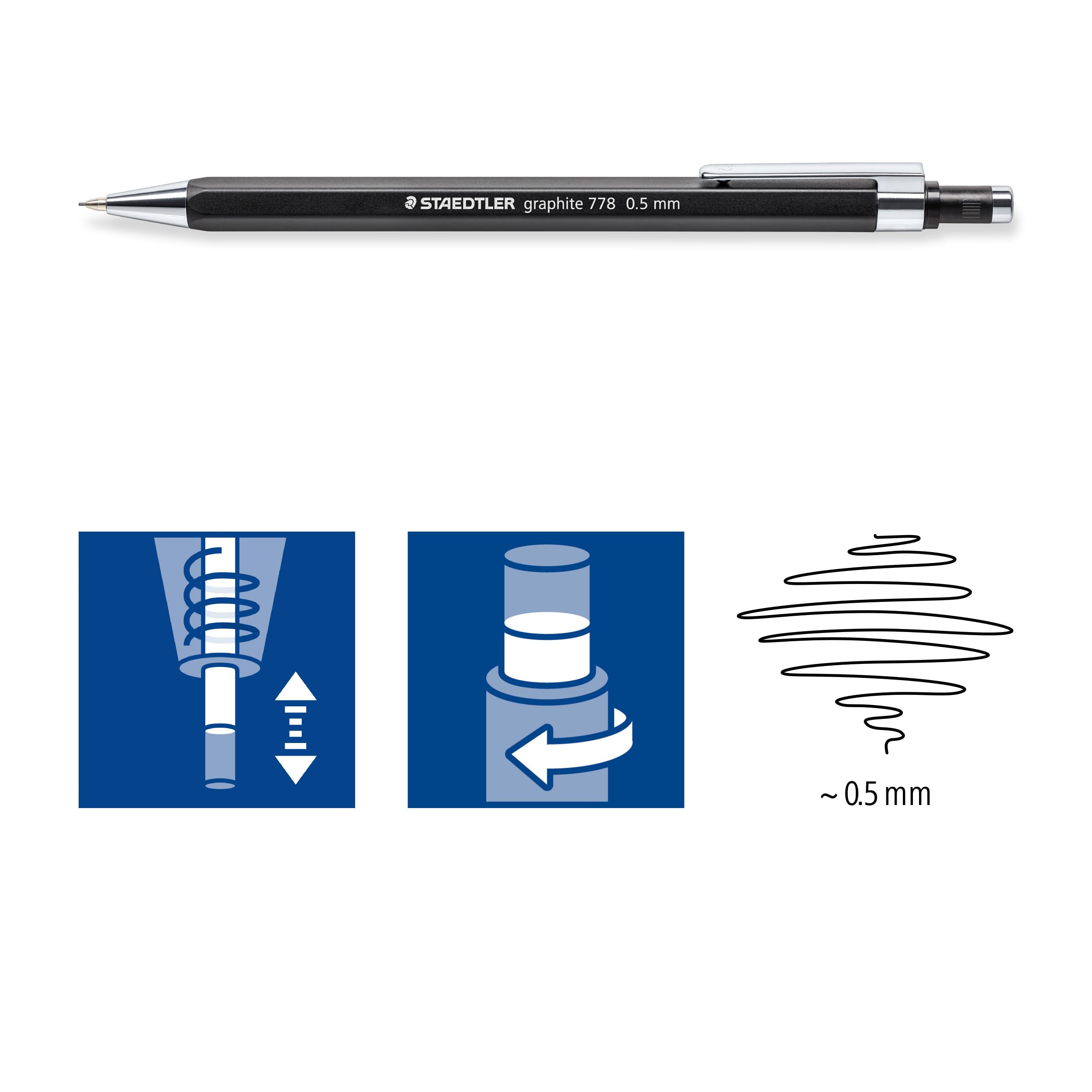 STAEDTLER grafitowy ołówek mechaniczny 778, smukły kształt sześciokątny, szerokość linii 0,5 mm, końcówka i klips z metalu, 10 ołówków automatycznych w kartonowym pudełku, 778 05-9
