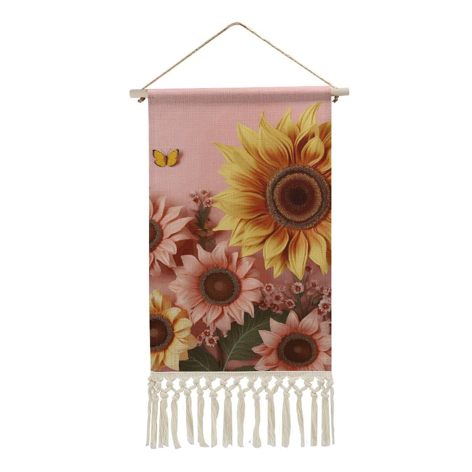 BTCOWZRV Cotton And Linen Hanging Poster with Tassels, Big Sunflower Wall Hanging Tapestry Vintage Wall Art Painting Modern Artwork Decoration for Home Decor Ready to Hang 10x19.6 in