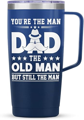 SANDJEST Vaso para papá con asa de 20 onzas con asa, taza de café de viaje con texto en inglés "You're The Man Dad Old Man", regalo para padres,