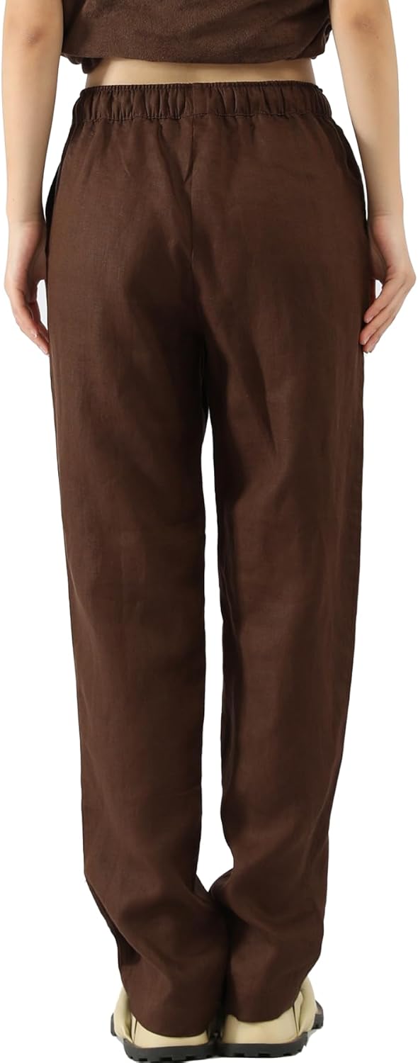 Women 100% Linen Pants with Drawstring Work Pants with Elastic Waist Relaxed Fit Casual Trousers for Women with Pockets - Image 4