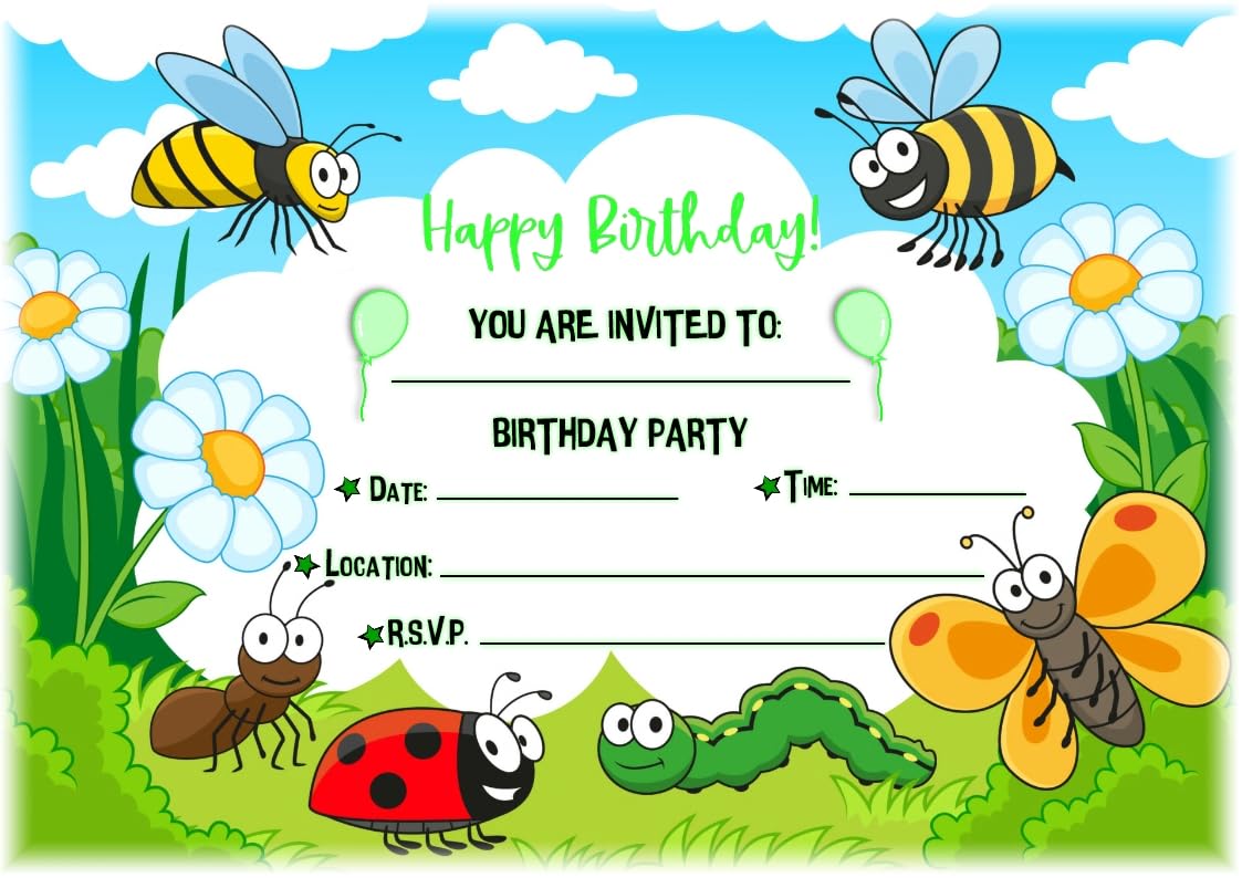 MrPurple Cartoon Bug Themed Children's Birthday Party Invites - Landscape Bumble Bee Design - Party Supplies/Accessories (Pack of 12 A5 Invitations) (WITH Envelopes)
