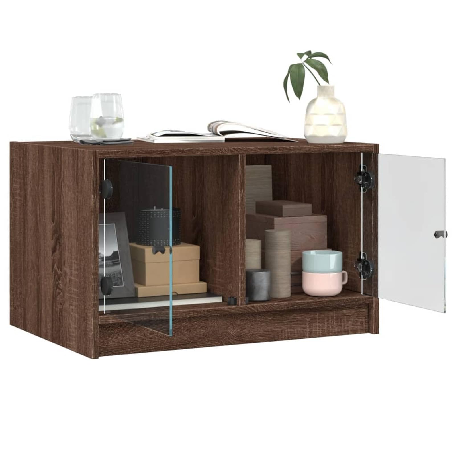 Homgoday Tavolino da caffè con ante in vetro rovere marrone, 68 x 50 x 42 cm, tavolino da tè per soggiorno, sala d'accoglienza degli ospiti, camera da letto e ufficio