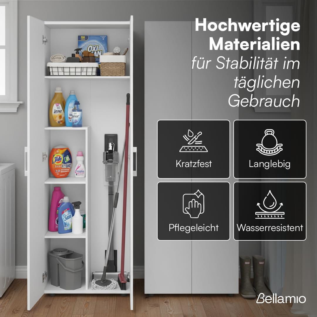 Bellamio Apol Besenschrank - Mehrzweckschrank in Weiß - Vorratsschrank mit Staubsaugerfach - Putzschrank aus Holz - Flurschrank mit Stauraum - Haushaltsschrank - Allzweckschrank 176x33x60 cm