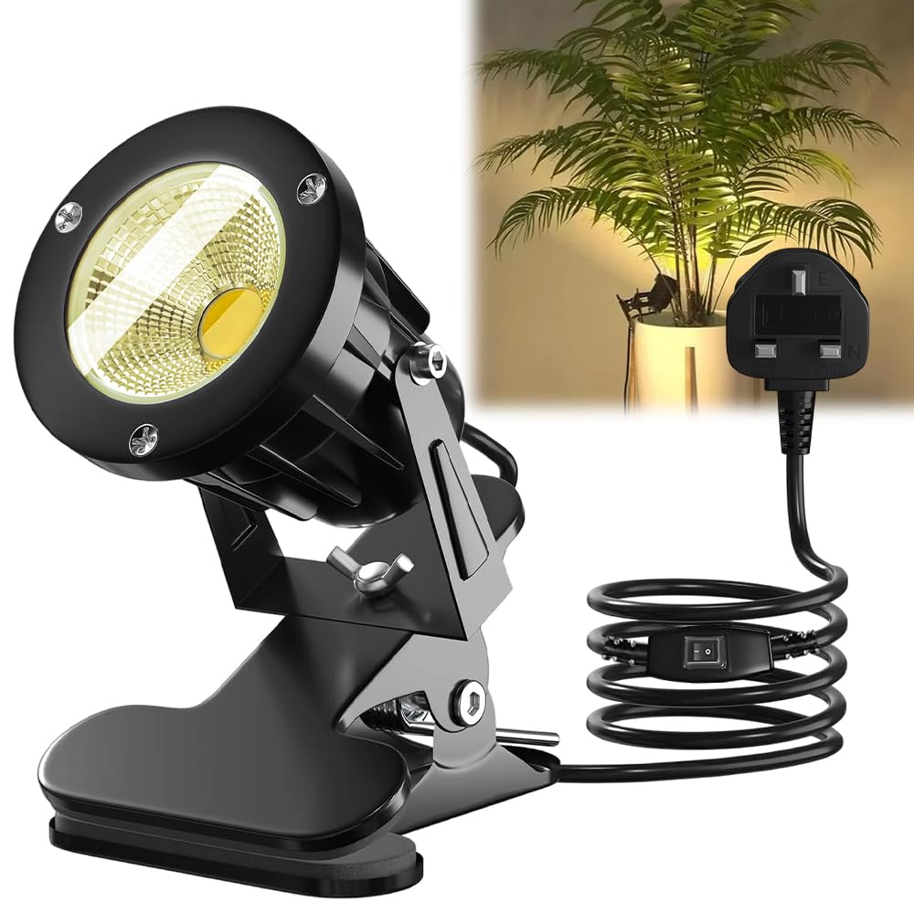 Jonuin Plug in Spot Lights with On/Off Switch, 7W LED Clip on Spot Light, 3M Cord, IP65 Waterproof, Spot Light for Indoor Plant, Outdoor Plant Spotlight for Lawn, Yard, Garden, Billboard (Warm White)