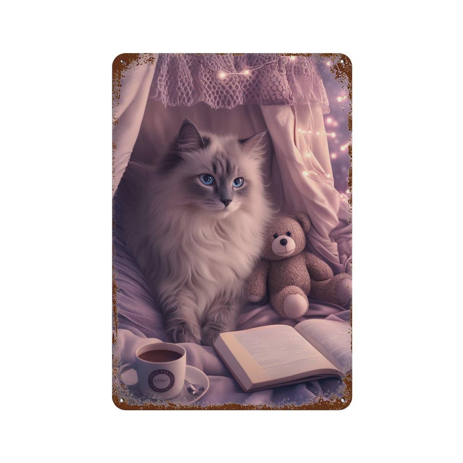 Cozy Cat Nap with Tea & Lights 11.8"x7.9" Retro Metal Sign, Shabby Chic Decor for Garage, Bar And Workshop Decor
