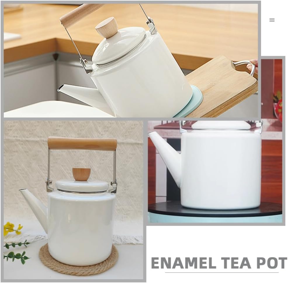 VOSAREA Enamel Tea Kettle with Wood Handle, 2.4L Enamel Teapot Water Heating Kettle Handheld Water Kettle Vintage Coffee Pot for Stovetop, Hot Water White