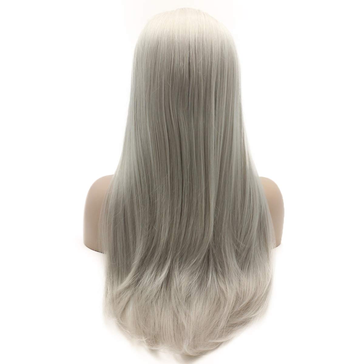 Lushy Straight Long Grey Wig Half Hand Tied Heat Friendly Heavy Density Synthetic Lace Front Wig