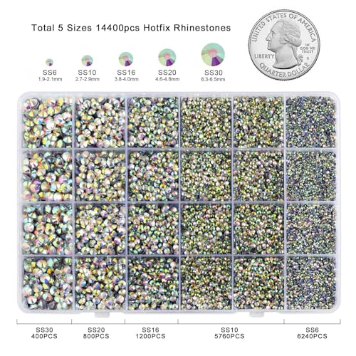 Image of Hotfix Rhinestones Kit,Clear AB, Mixed 5 Sizes 14400pcs | AB Hot Fix Crystals, for Bedazzling Clothes Crafts, with Wax Pencil,Tweezers and Spoon,SS6-SS30