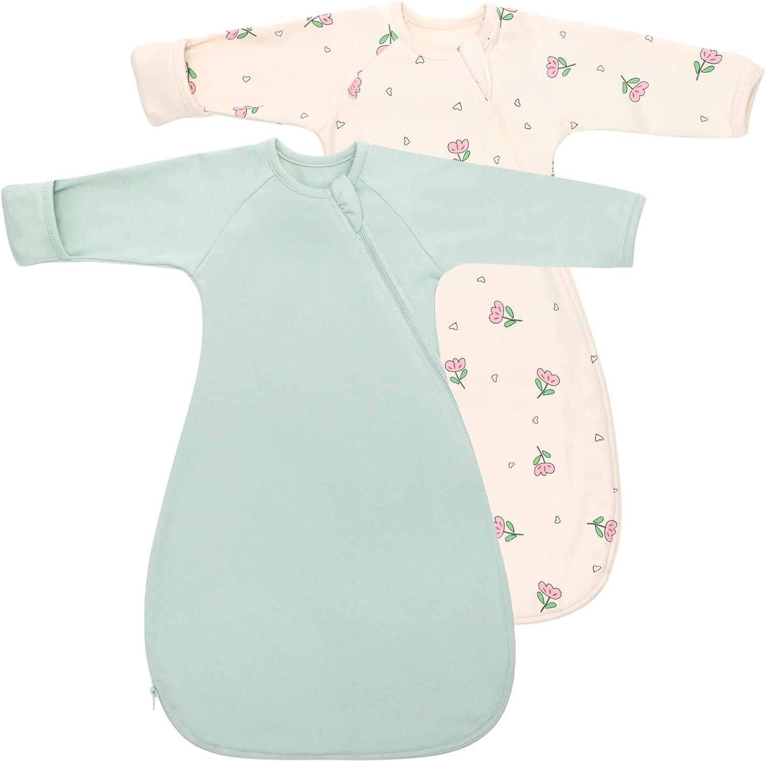 Premium Soft Cotton Transitional Swaddle Sack Arms Up Length Sleeves Mitten Cuffs 2 Pack, Wearable Sleeping Bag Swaddling Blanket for Newborns Baby Boys Girls Sleep Sacks Snug Fit Calms Startle Reflex