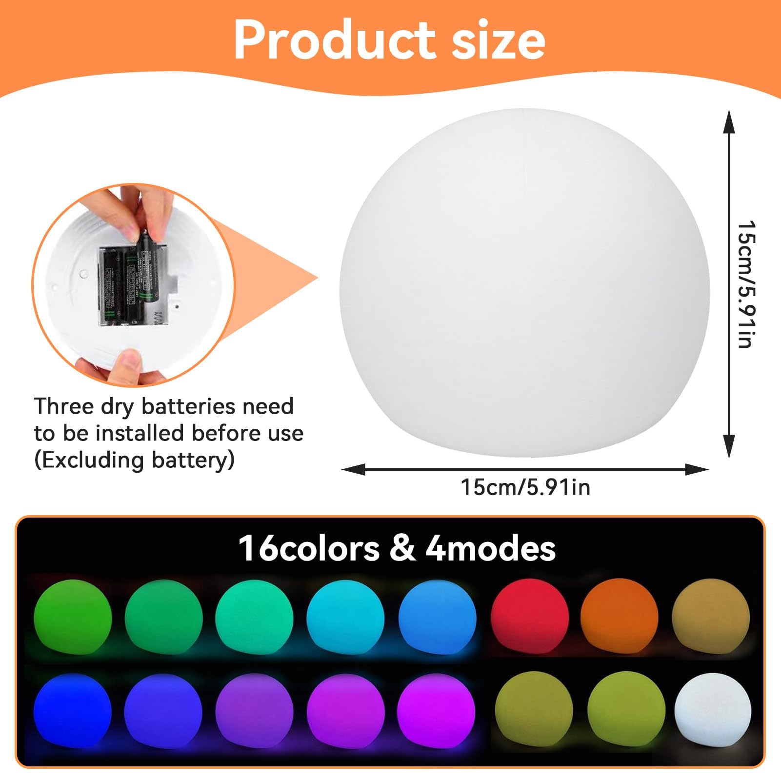 Boule lumineuse LED, lampe boule, lampe globe RGBW Lampe LED Globe Light Moon Light Lampe à piles avec télécommande 24 touches 16 couleurs à intensité variable 4 modes