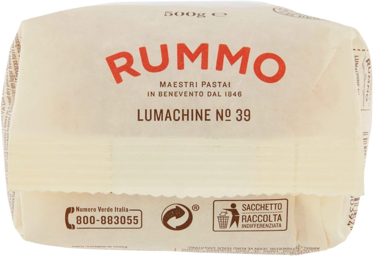 Rummo Pasta Lumachine N°39 - Lote de 16 fideos italianos de sémola de trigo duro, pasta italiana, 500 g
