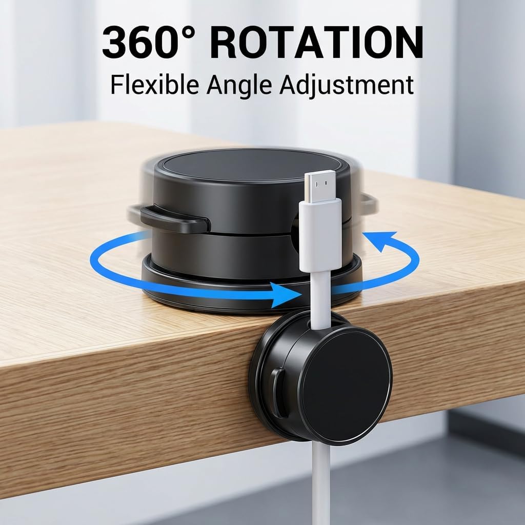 Cable Management Magnetic Cord Holder, 6 Pack 360° Rotating Cable Clips with Strong Adhesive, 2026 Upgraded Easy Open Wire Organizer for Desk, Nightstand, Car, Home Office (B+W)
