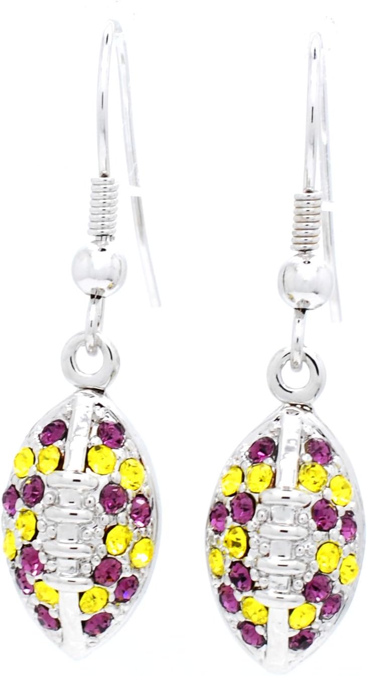 Violet Victoria & Fan Star Football Earrings - Dangle Football Earrings Purple and Yellow
