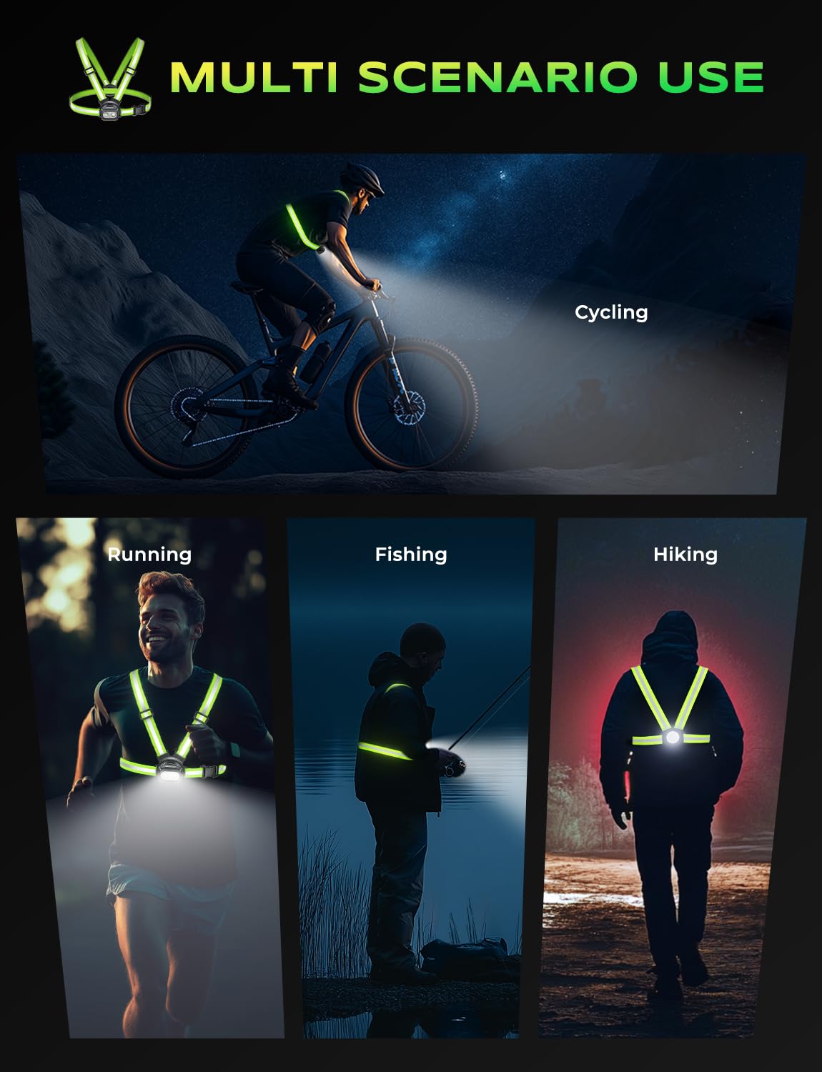 Viccux 500LM Warnlicht für Läufer mit 7 Modi, einstellbarer 45°-Strahl, 360° reflektierende Riemen & IPX4 wasserdichtes Lauflicht für Nachtspaziergänge/Radfahren/Joggen, 3,5-20 Stunden Laufzeit
