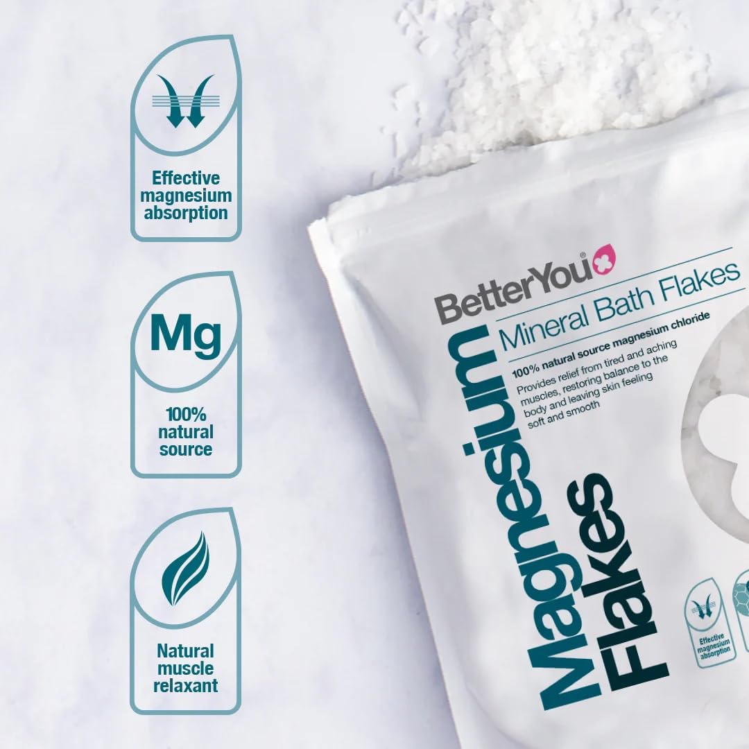 BetterYou - Przezskórny magnez w płatkach 1 kg | Mineralne sole do kąpieli | Pomaga poprawić odpoczynek i regenerację mięśni | Zmniejszenie zmęczenia i zmęczenia | Odpowiedni dla wegan