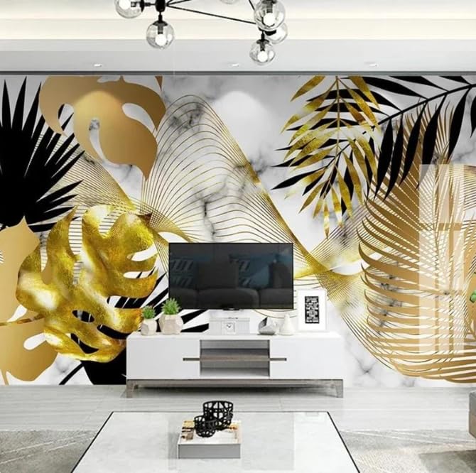 Papier peint panoramique jungle 3D marbre blanc or 150x105 cm salon