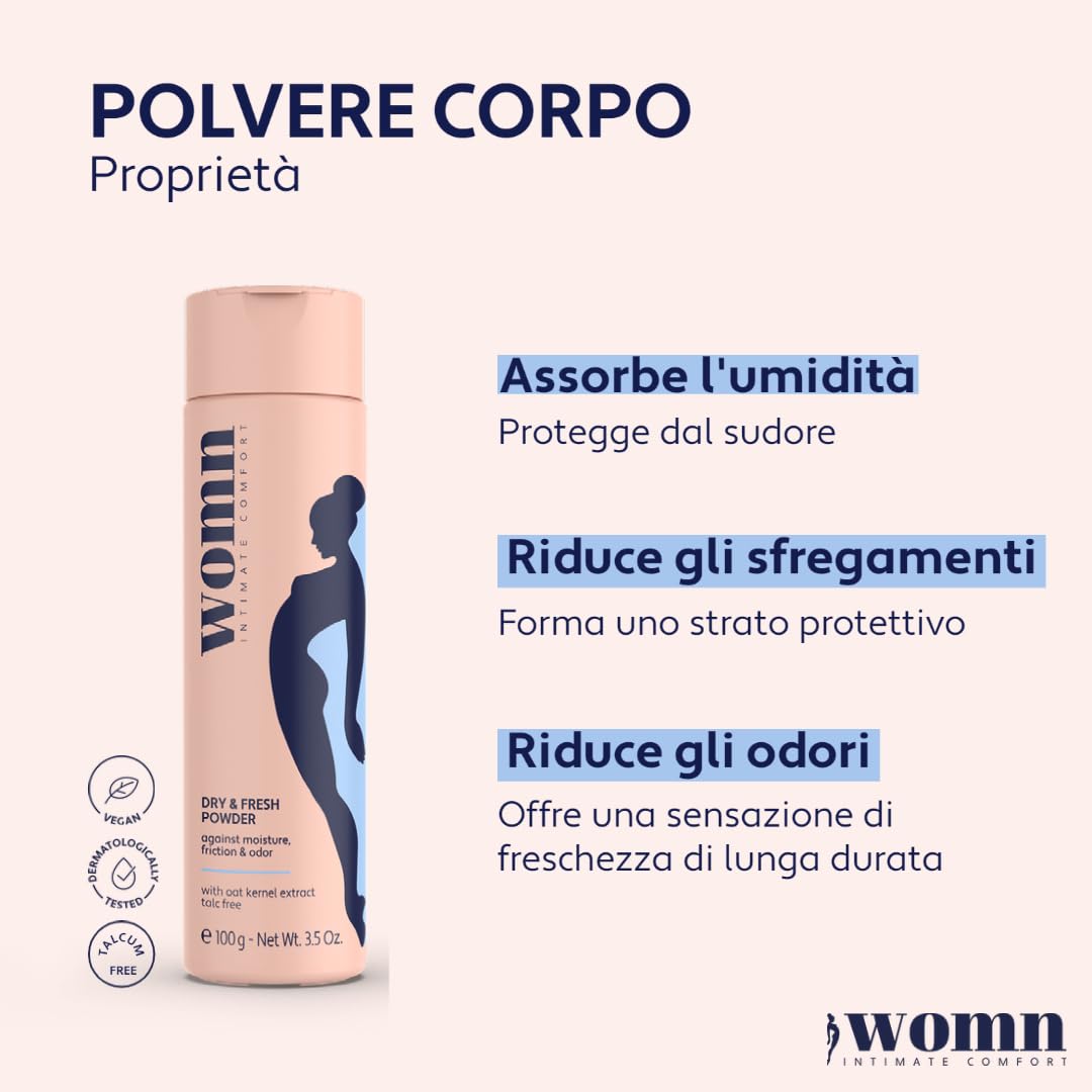 womn Dry & Fresh Powder 100 g – Polvere Corpo Senza Talco per Zona Intima, Inguine e Sotto il Seno – Assorbe il Sudore, Riduce Sfregamenti e Odori